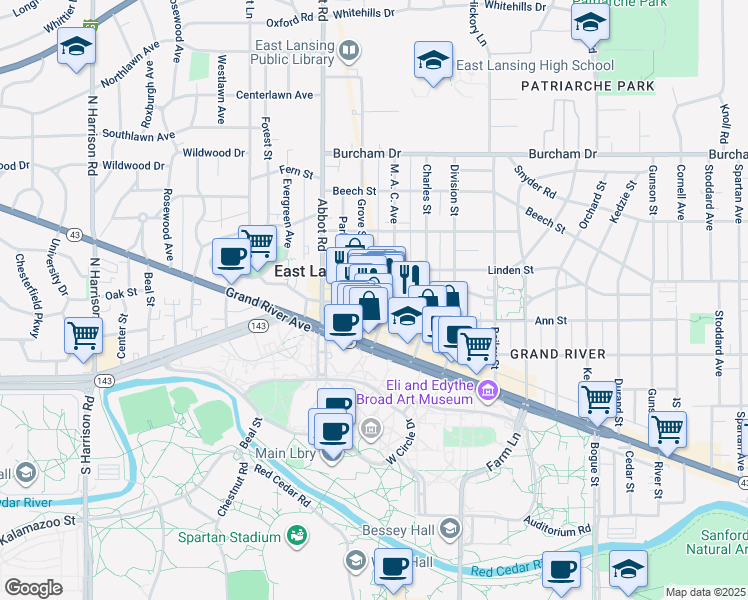 map of restaurants, bars, coffee shops, grocery stores, and more near 301 M. A. C. Avenue in East Lansing