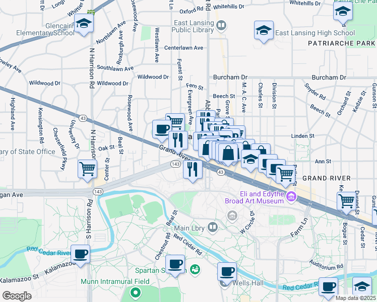 map of restaurants, bars, coffee shops, grocery stores, and more near 200 West Grand River Avenue in East Lansing