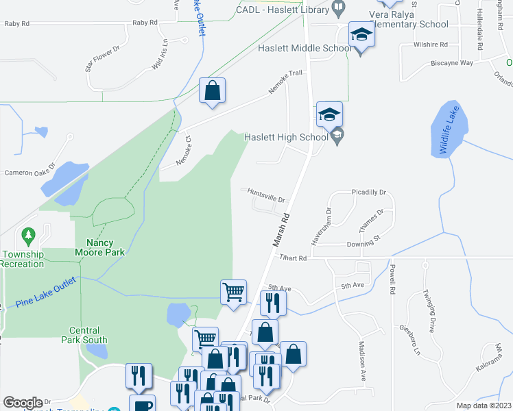 map of restaurants, bars, coffee shops, grocery stores, and more near 1727 Montgomery Court in Meridian charter Township