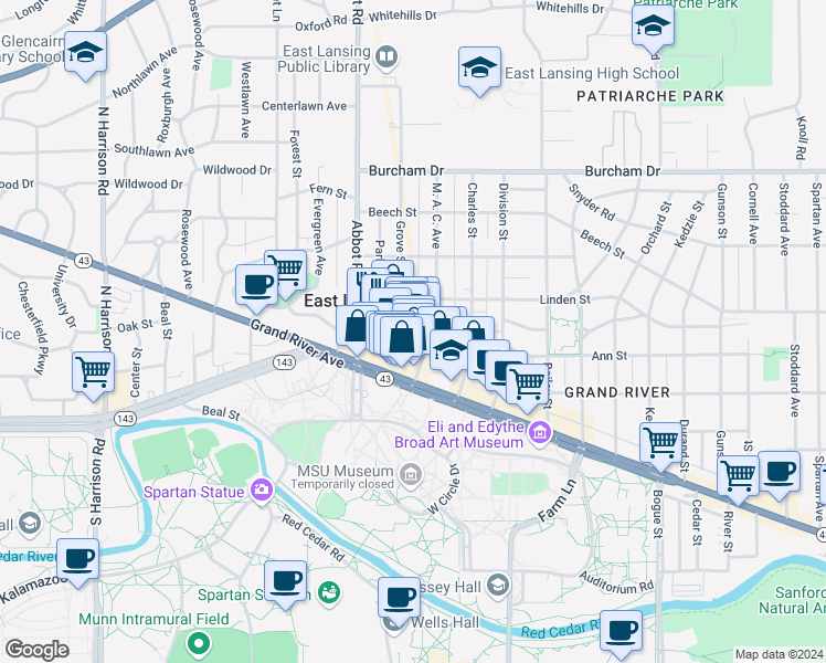 map of restaurants, bars, coffee shops, grocery stores, and more near 301 M. A. C. Avenue in East Lansing