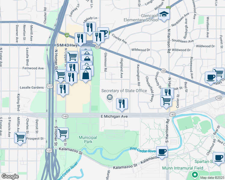 map of restaurants, bars, coffee shops, grocery stores, and more near 307 Highland Avenue in East Lansing