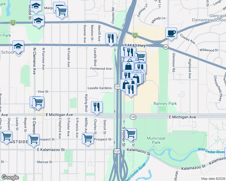 map of restaurants, bars, coffee shops, grocery stores, and more near 2825 Lasalle Gardens in Lansing