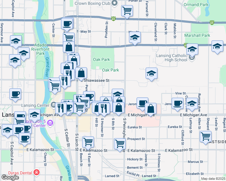 map of restaurants, bars, coffee shops, grocery stores, and more near 320 Haag Court in Lansing