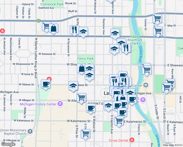 map of restaurants, bars, coffee shops, grocery stores, and more near 310 North Chestnut Street in Lansing