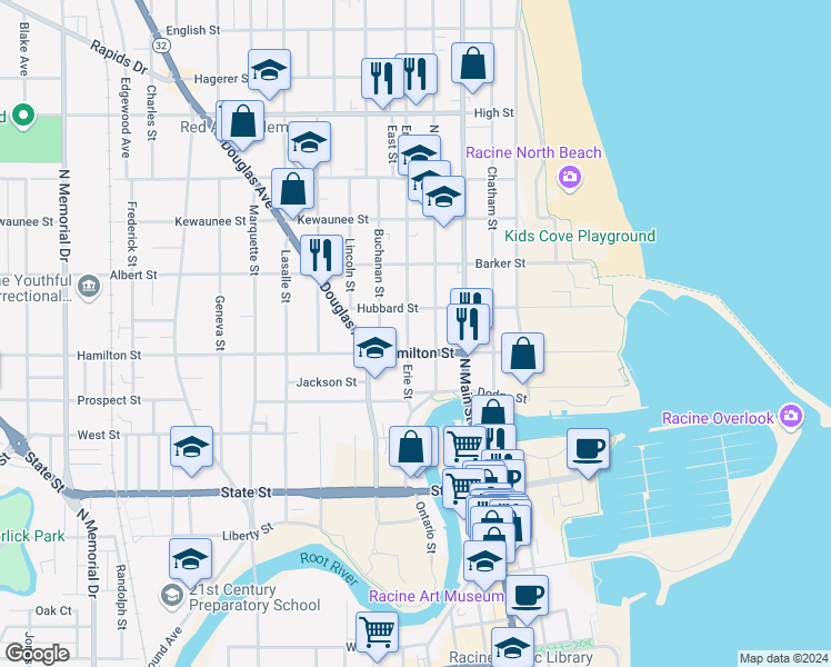 map of restaurants, bars, coffee shops, grocery stores, and more near 1232 North Wisconsin Street in Racine