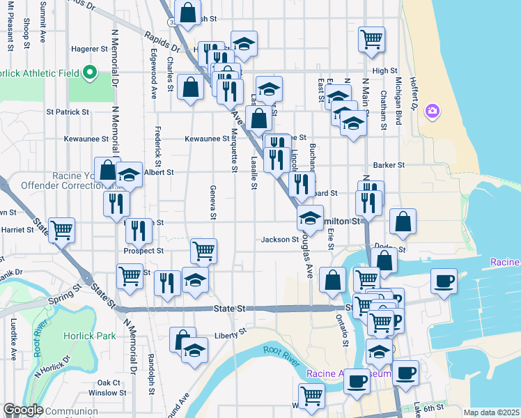 map of restaurants, bars, coffee shops, grocery stores, and more near 1232 Lasalle Street in Racine