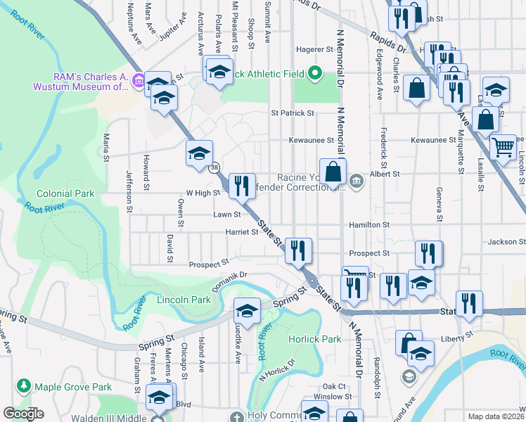 map of restaurants, bars, coffee shops, grocery stores, and more near 1948 State Street in Racine