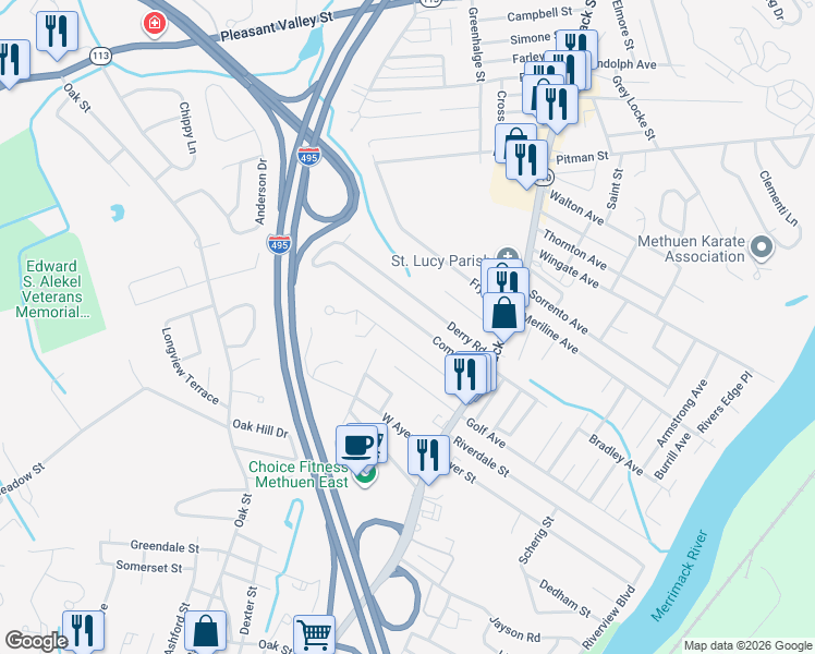 map of restaurants, bars, coffee shops, grocery stores, and more near 42 Comet Road in Methuen