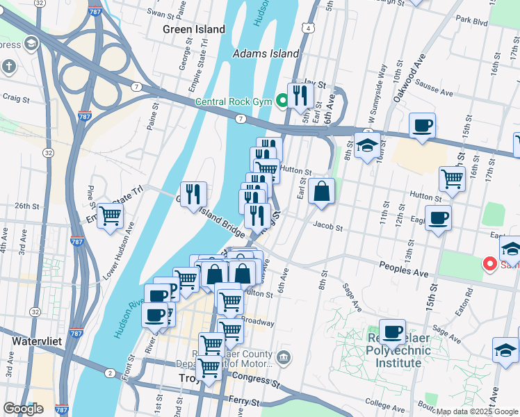 map of restaurants, bars, coffee shops, grocery stores, and more near 429 River Street in Troy