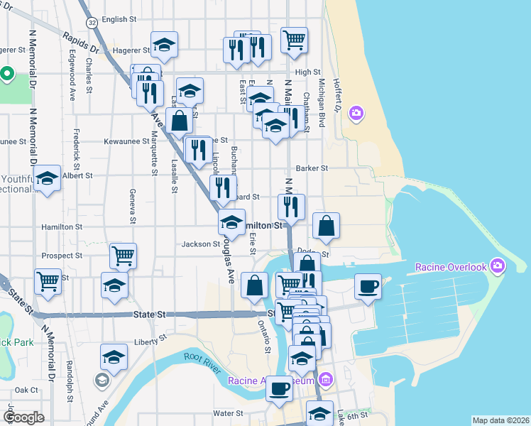 map of restaurants, bars, coffee shops, grocery stores, and more near 1232 North Wisconsin Street in Racine