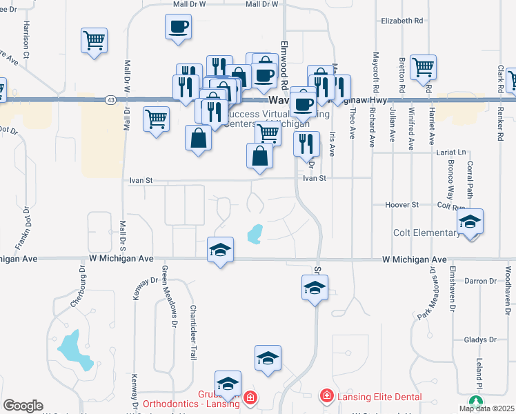 map of restaurants, bars, coffee shops, grocery stores, and more near 5303 Ivan Street in Lansing
