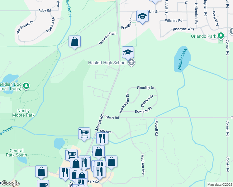 map of restaurants, bars, coffee shops, grocery stores, and more near 5346 Marsh Road in Haslett