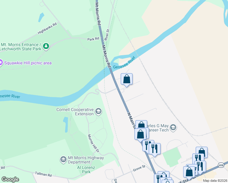 map of restaurants, bars, coffee shops, grocery stores, and more near 5 Sickles Street in Mount Morris