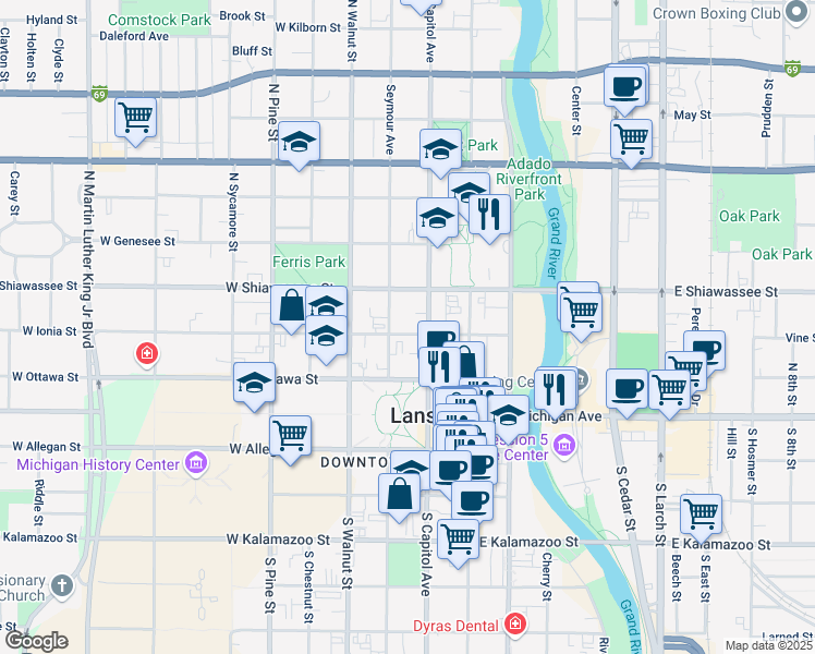 map of restaurants, bars, coffee shops, grocery stores, and more near 313 North Capitol Avenue in Lansing