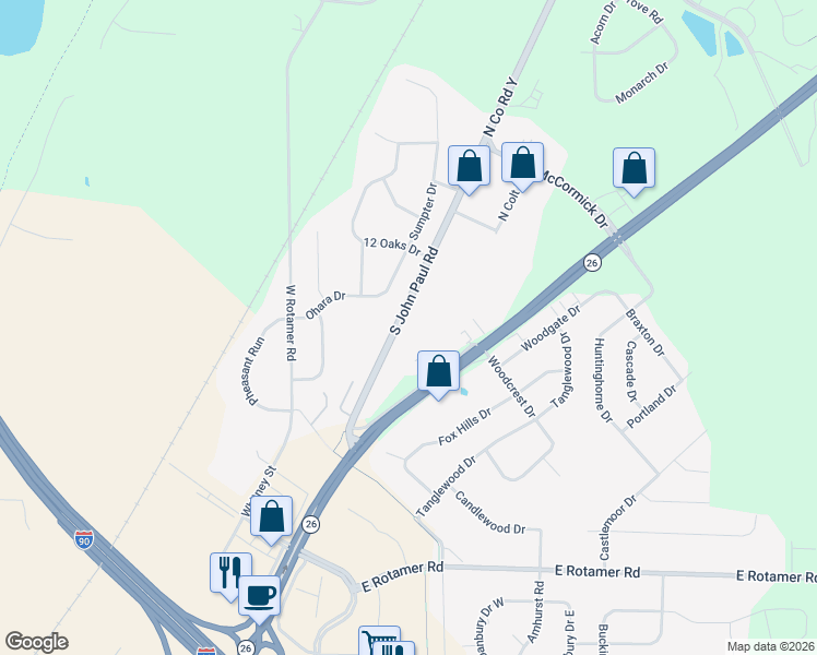 map of restaurants, bars, coffee shops, grocery stores, and more near 4441 South John Paul Road in Janesville