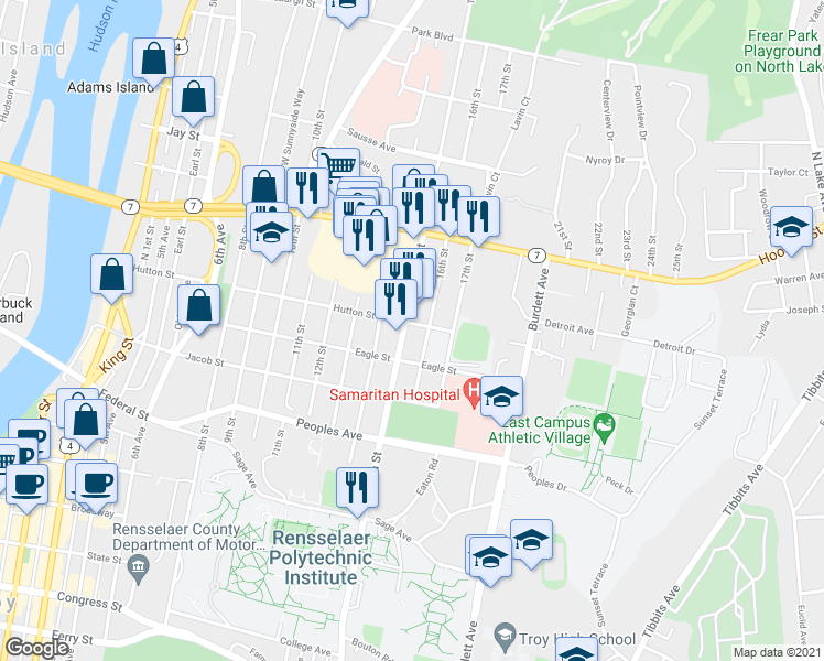 map of restaurants, bars, coffee shops, grocery stores, and more near 2258 15th Street in Troy