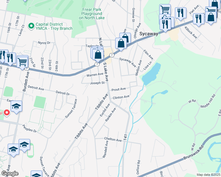 map of restaurants, bars, coffee shops, grocery stores, and more near 48 South Lake Avenue in Troy