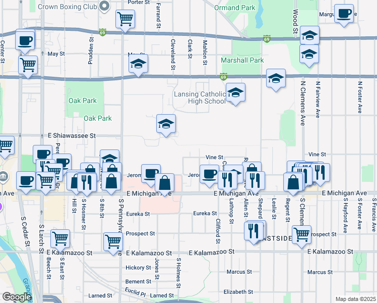 map of restaurants, bars, coffee shops, grocery stores, and more near 1309 Vine St in Lansing