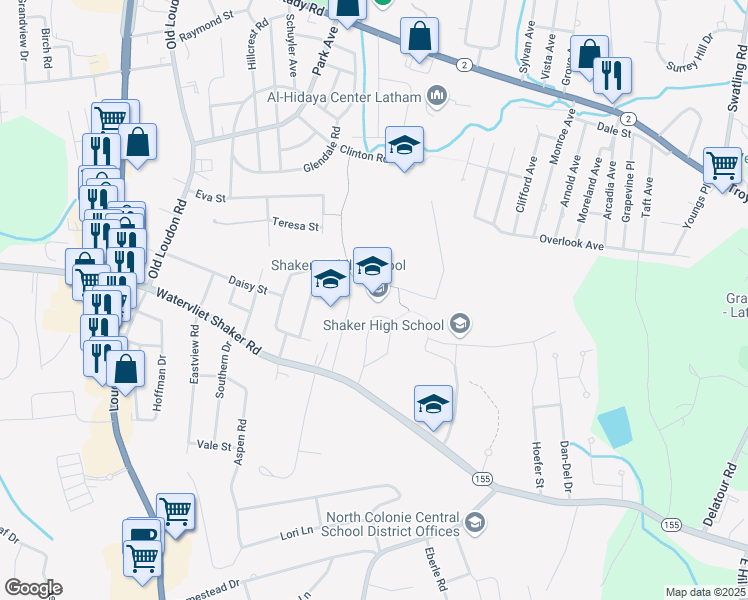 map of restaurants, bars, coffee shops, grocery stores, and more near 475 Watervliet Shaker Road in Latham