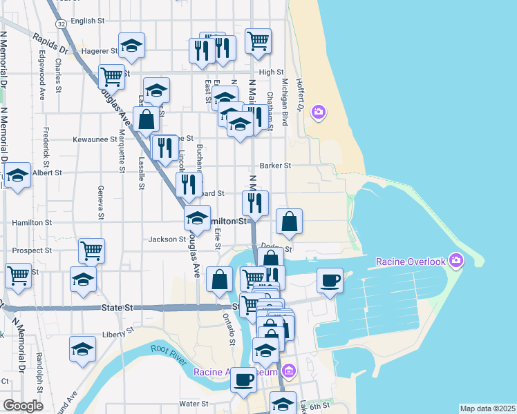 map of restaurants, bars, coffee shops, grocery stores, and more near 1221 North Main Street in Racine