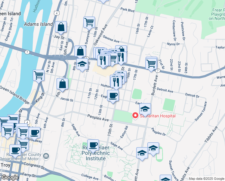 map of restaurants, bars, coffee shops, grocery stores, and more near 1306 Hutton Street in Troy