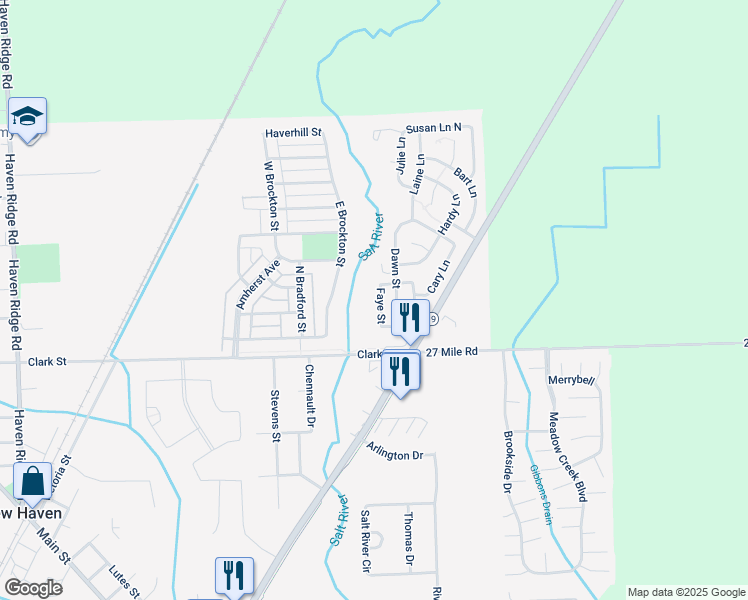 map of restaurants, bars, coffee shops, grocery stores, and more near 59084 Faye Street in New Haven