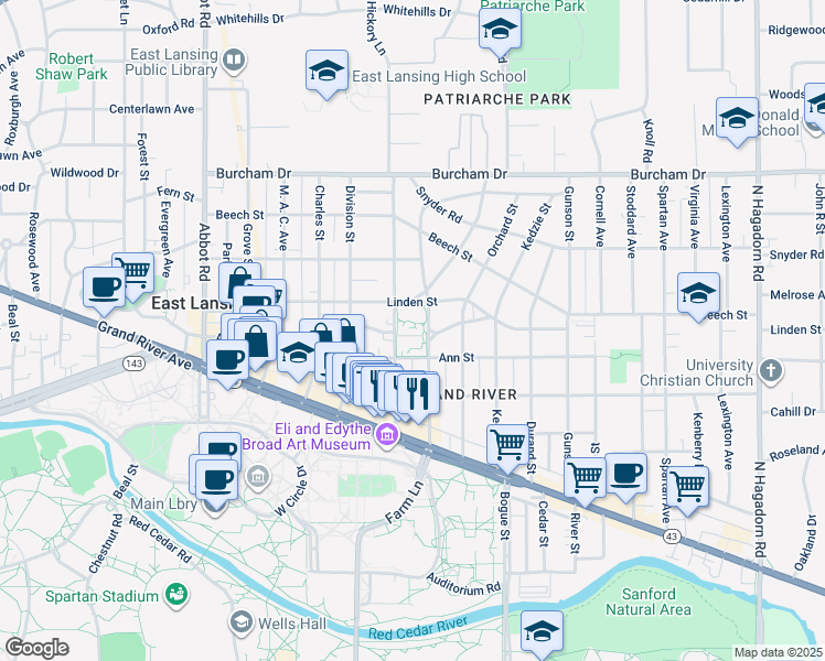 map of restaurants, bars, coffee shops, grocery stores, and more near 352 Collingwood Drive in East Lansing