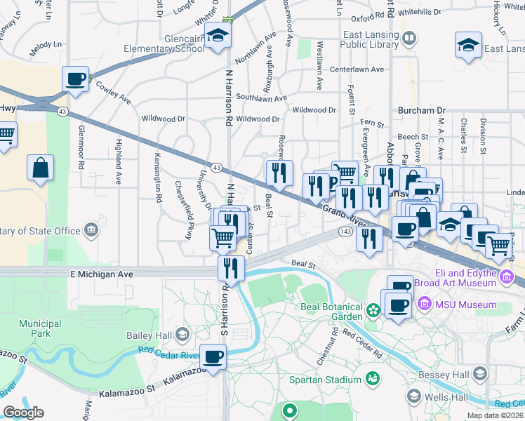 map of restaurants, bars, coffee shops, grocery stores, and more near 308 Center Street in East Lansing