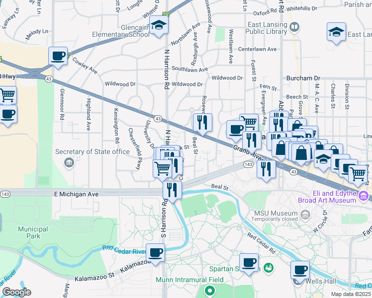 map of restaurants, bars, coffee shops, grocery stores, and more near 308 Center Street in East Lansing