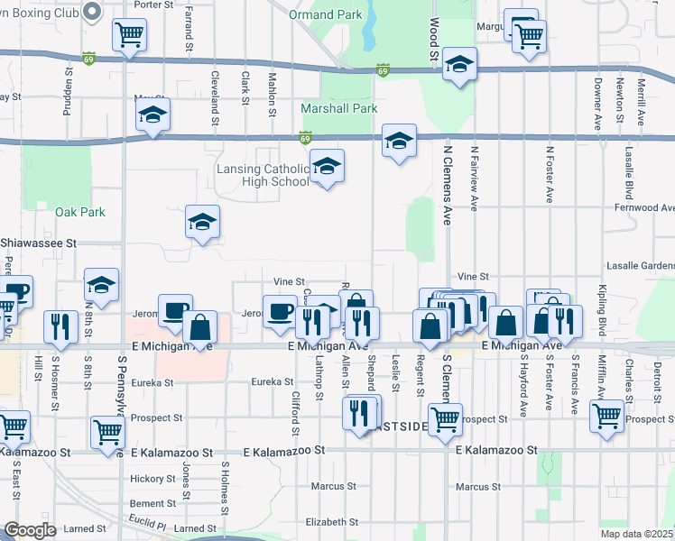 map of restaurants, bars, coffee shops, grocery stores, and more near 317 Rumsey Avenue in Lansing