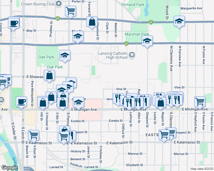 map of restaurants, bars, coffee shops, grocery stores, and more near 1309 Vine Street in Lansing