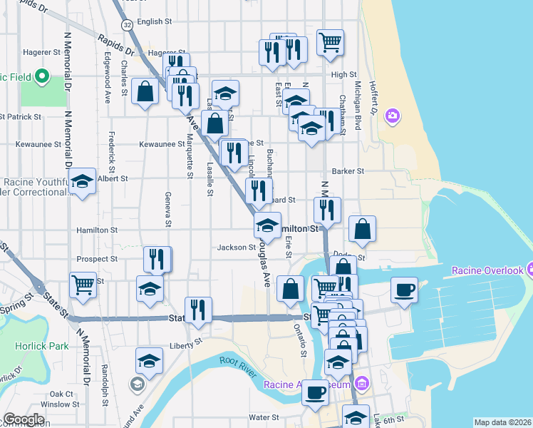 map of restaurants, bars, coffee shops, grocery stores, and more near 1245 Douglas Avenue in Racine