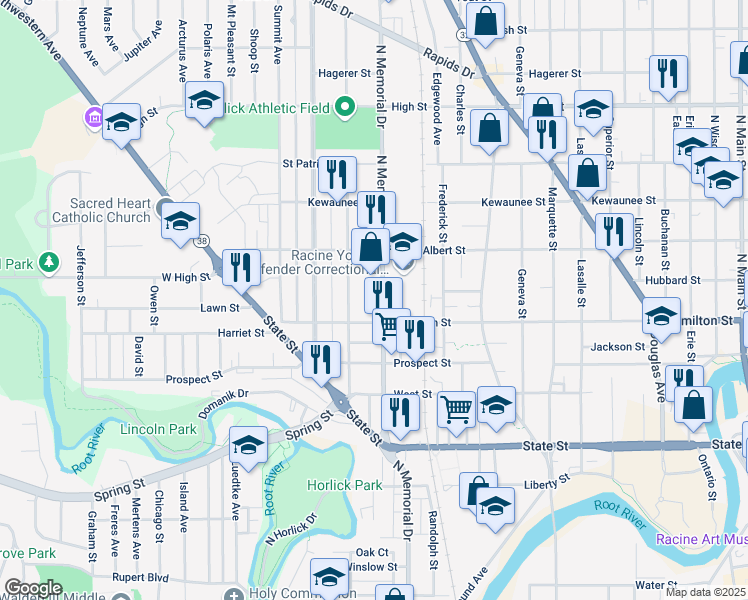 map of restaurants, bars, coffee shops, grocery stores, and more near 1233 Blake Avenue in Racine
