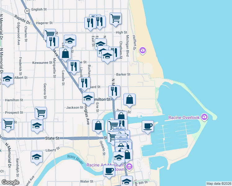 map of restaurants, bars, coffee shops, grocery stores, and more near 1233 North Main Street in Racine