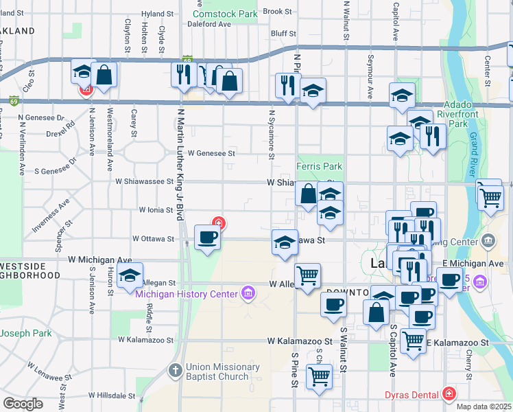 map of restaurants, bars, coffee shops, grocery stores, and more near 718 West Ionia Street in Lansing