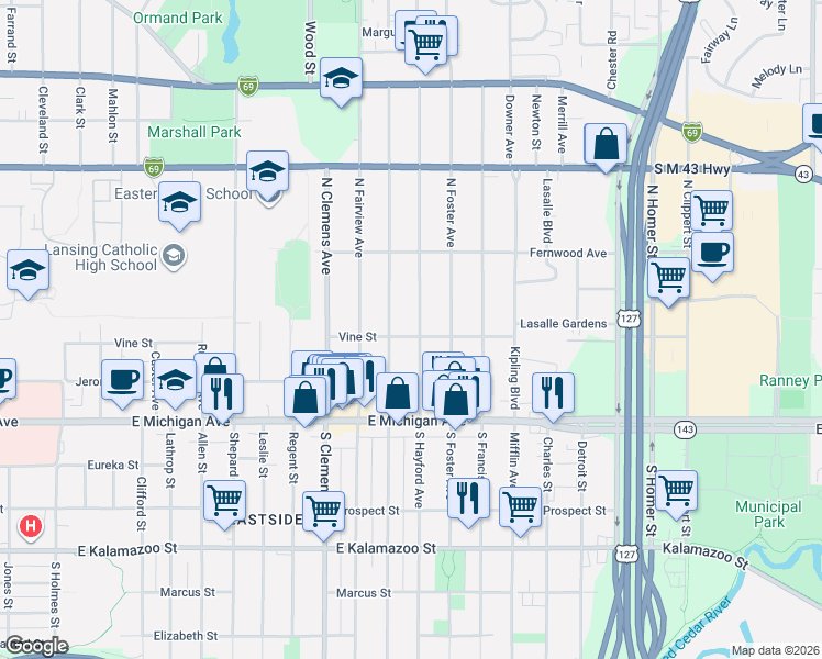map of restaurants, bars, coffee shops, grocery stores, and more near 313 North Hayford Avenue in Lansing