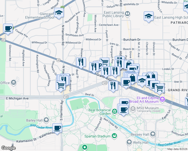 map of restaurants, bars, coffee shops, grocery stores, and more near 319 West Grand River Road in East Lansing
