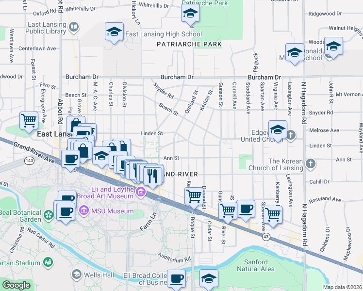 map of restaurants, bars, coffee shops, grocery stores, and more near 410 Kedzie Street in East Lansing