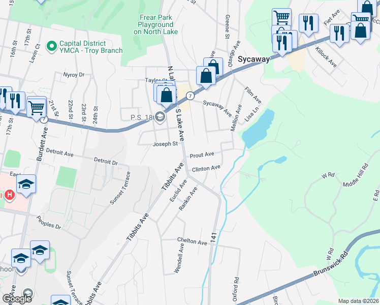 map of restaurants, bars, coffee shops, grocery stores, and more near 5 Prout Avenue in Troy