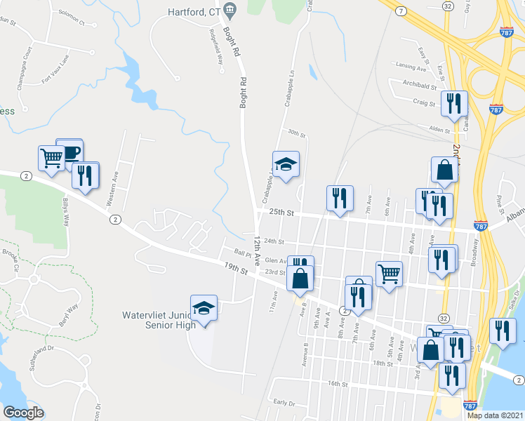 map of restaurants, bars, coffee shops, grocery stores, and more near 25th Street & Crabapple Street in Watervliet