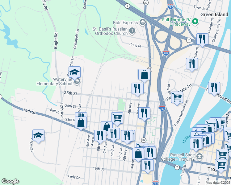map of restaurants, bars, coffee shops, grocery stores, and more near 2514 7th Avenue in Watervliet