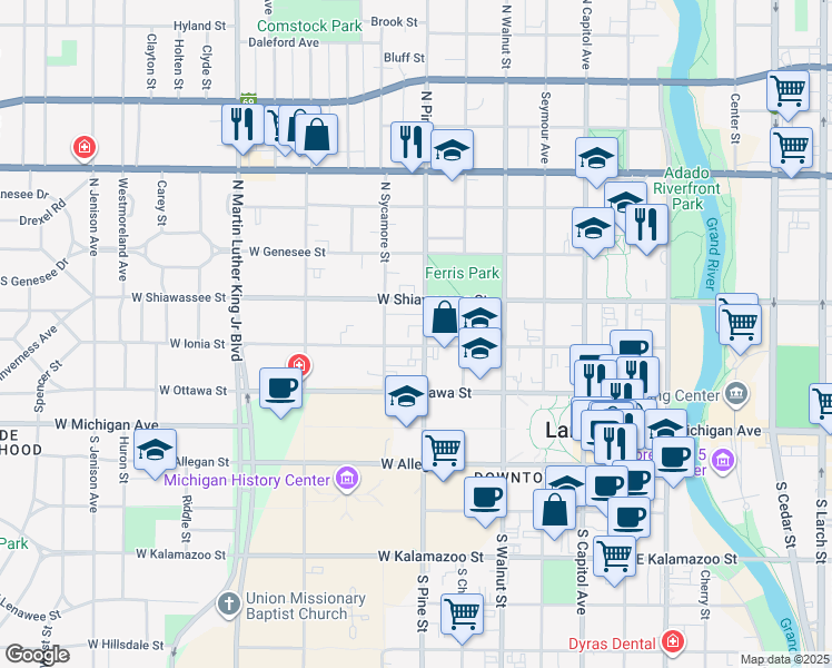 map of restaurants, bars, coffee shops, grocery stores, and more near 602 West Ionia Street in Lansing