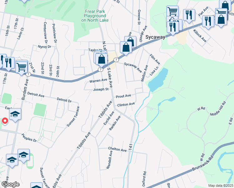 map of restaurants, bars, coffee shops, grocery stores, and more near 5 Prout Avenue in Troy