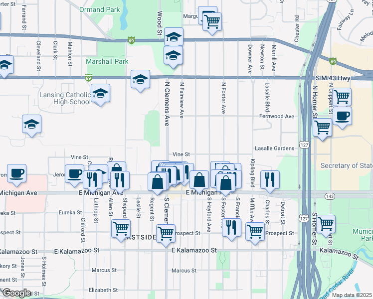 map of restaurants, bars, coffee shops, grocery stores, and more near 313 North Magnolia Avenue in Lansing