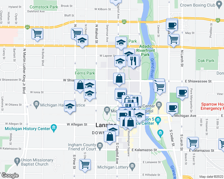 map of restaurants, bars, coffee shops, grocery stores, and more near 313 North Capitol Avenue in Lansing
