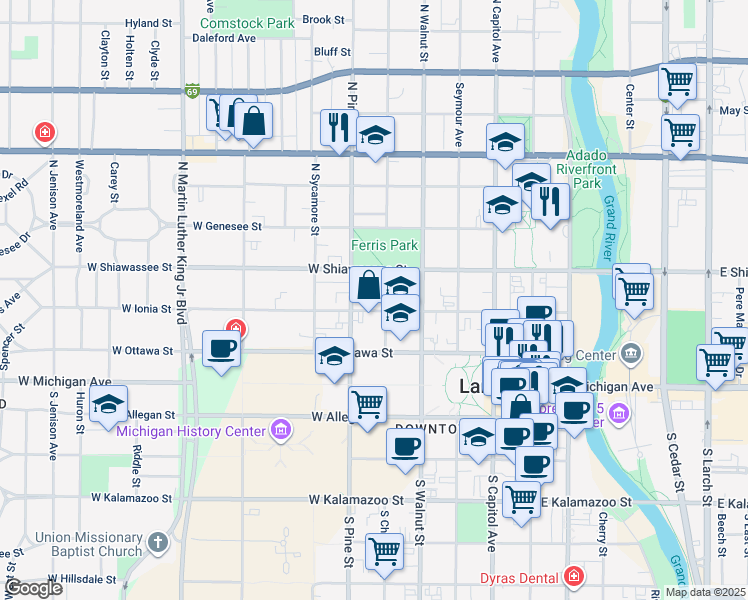 map of restaurants, bars, coffee shops, grocery stores, and more near 322 North Pine Street in Lansing