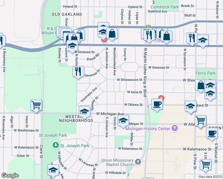 map of restaurants, bars, coffee shops, grocery stores, and more near 310 Westmoreland Avenue in Lansing
