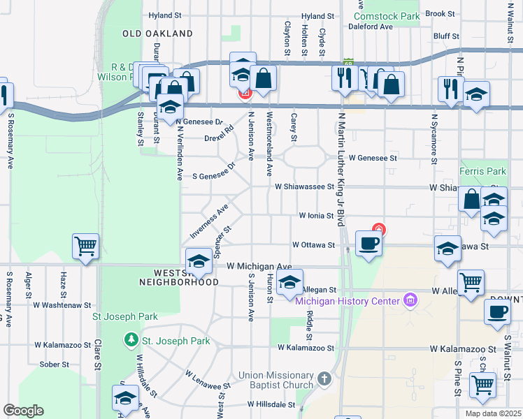 map of restaurants, bars, coffee shops, grocery stores, and more near 310 Westmoreland Avenue in Lansing
