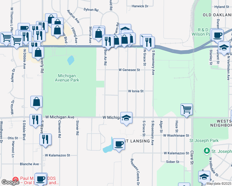 map of restaurants, bars, coffee shops, grocery stores, and more near 307 North Deerfield Avenue in Lansing