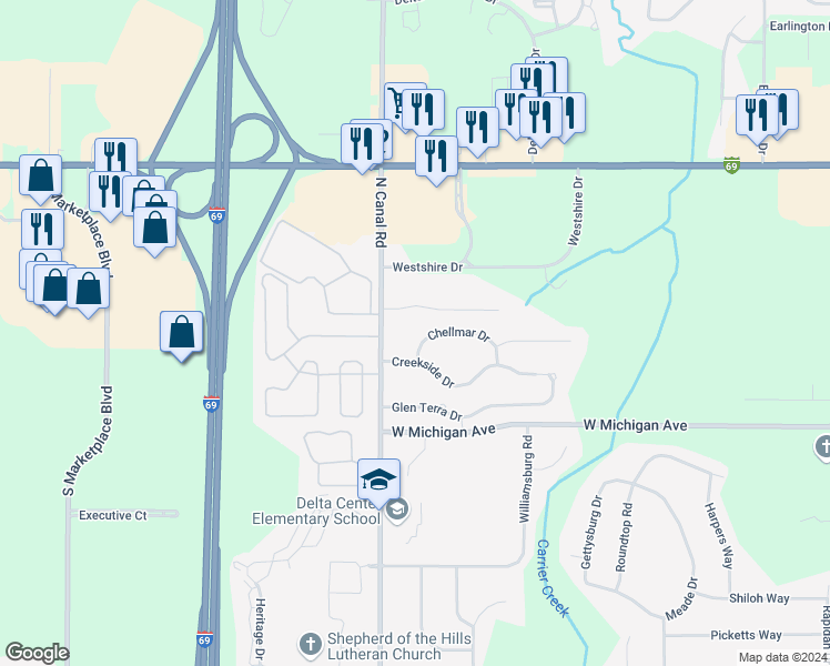 map of restaurants, bars, coffee shops, grocery stores, and more near 7407 Sunset Drive in Lansing